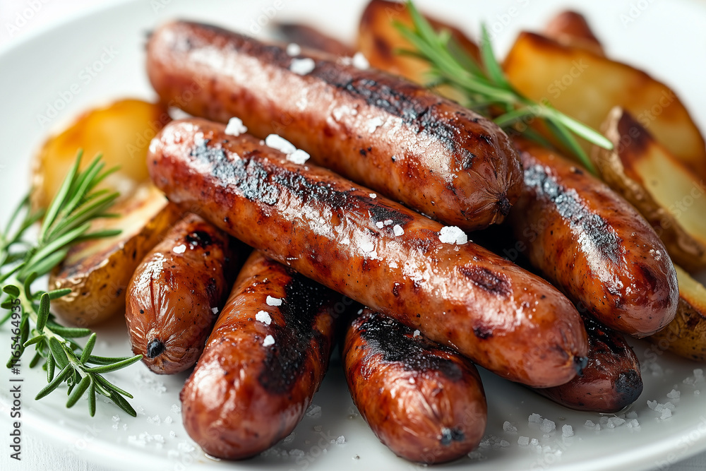 A grilled sausages with a golden-brown sear, nestled next to roasted baby potatoes with crispy skins. A grilled sausages with a golden-brown sear, nestled next to roasted baby potatoes with crispy skins.