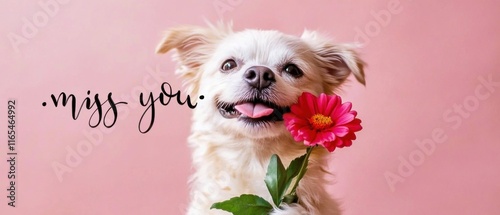 Niedlicher Hund mit Blume  vermisse dich   Stockfoto für Grußkarten
