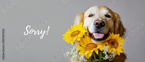 Entschuldigen Sie Goldener Retriever mit Sonnenblumenstrauß  Stockfoto photo