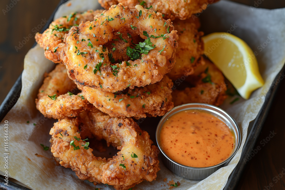 A tray filled with deep-fried onion rings, their golden crust speckled with peri peri spice A tray filled with deep-fried onion rings, their golden crust speckled with peri peri spice