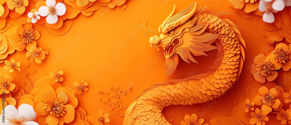 Orange dragon amidst paper flowers on orange background. Orange dragon amidst paper flowers on orange background.