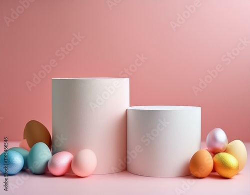 Easter concept with colorful Easter eggss. White Empty podiums displayed on pale pink background. Generated image photo