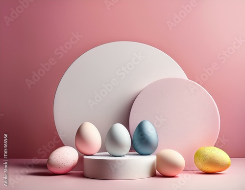 Easter concept with colorful Easter eggss. White Empty podiums displayed on pale pink background. Generated image photo