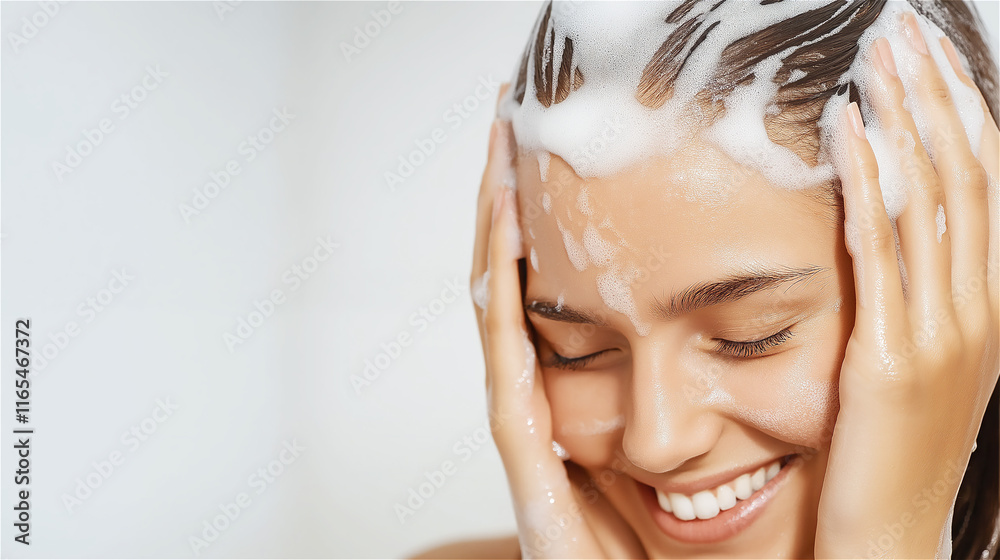 Naklejka premium Woman massaging shampoo into her hair, emphasizing relaxation and self-care. Foamy bubbles and natural tones create a clean, calming visual.