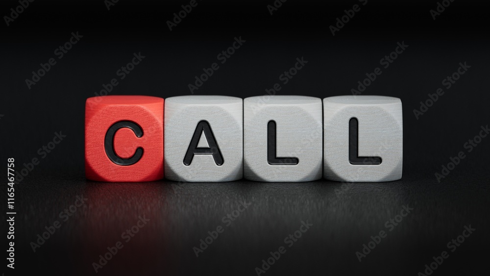 Obraz premium wooden cube block with CALL business word.close up of wooden elements,Business Concept.3D rendering on black background.