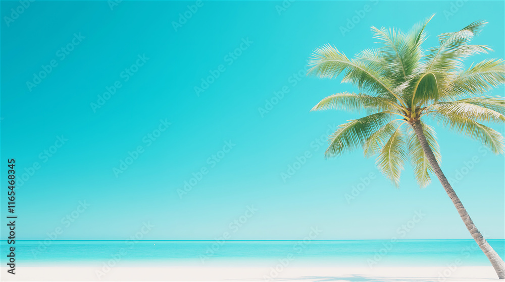 Fototapeta premium A tall palm tree against a vivid blue sky, symbolizing tropical vibes and sunny weather. Perfect for themes of relaxation and exotic travel.