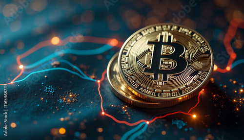 Golden Bitcoin Coin on a Digital Background photo