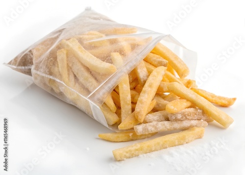 
frozen french fries in a transparent bag, on a white background