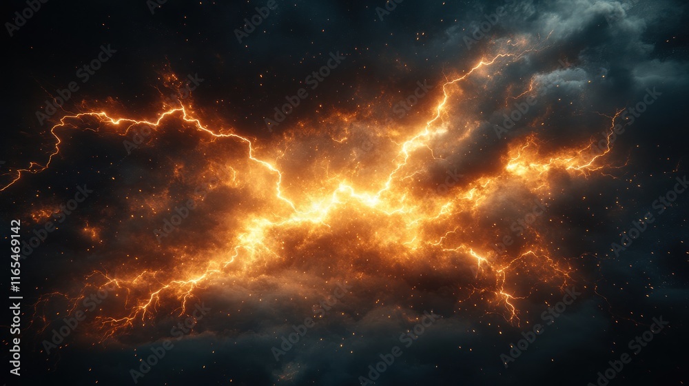 Obraz premium Fiery orange lightning bolt in dark clouds.