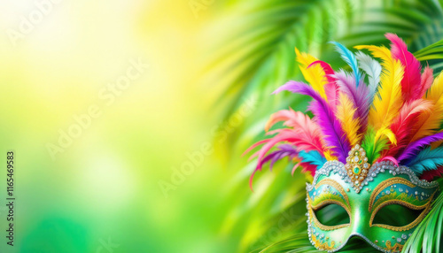 Brazilian Carnival. Website header, banner, postcard with space for copying. Colorful carnival mask with feathers against a vibrant tropical background photo