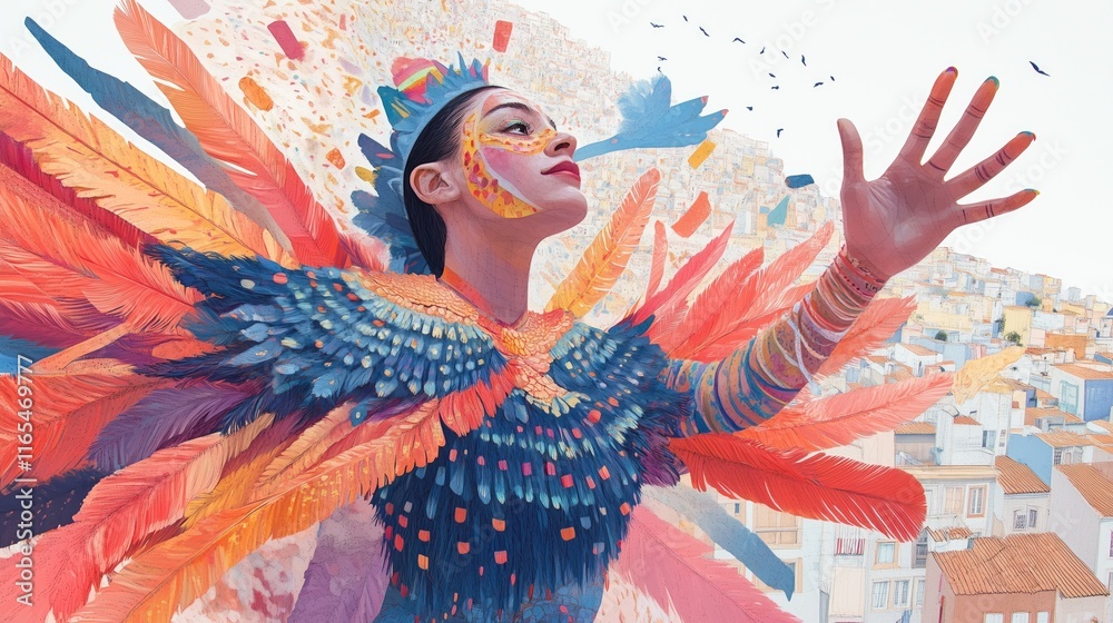 Fototapeta premium Vibrant feathered costume: woman embracing creativity and urban expression