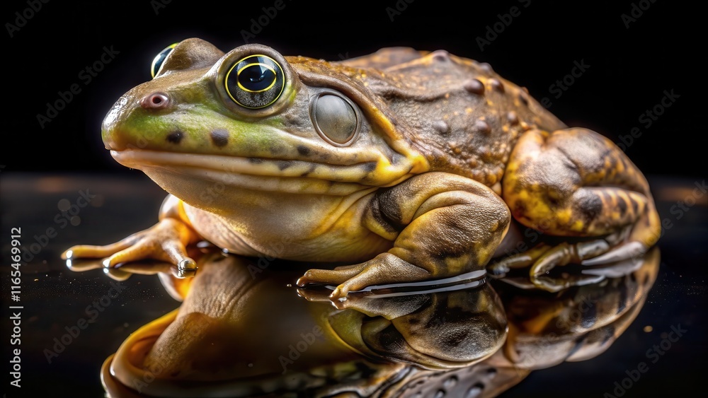 Fototapeta premium A close-up of a frog with vibrant green and brown markings, its large, golden eyes gazing upwards, reflecting in the glistening water beneath it.