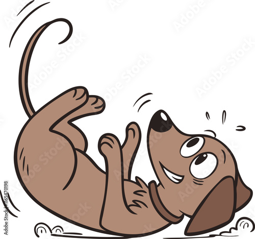 Playful Dachshund Cartoon:  A cute cartoon Dachshund dog with a big smile and wide eyes is rolling on the ground