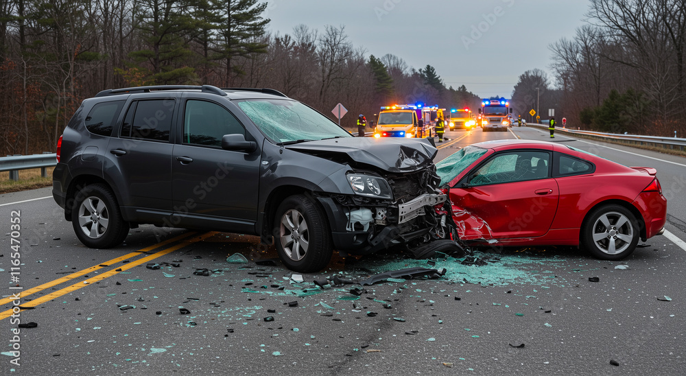 Car, crash and collision with damage, accident on road, and transportation. Auto, vehicle and emergency with rescue, danger, broken glass, help and insurance for transport safety Car, crash and collision with damage, accident on road, and transportation. Auto, vehicle and emergency with rescue, danger, broken glass, help and insurance for transport safety