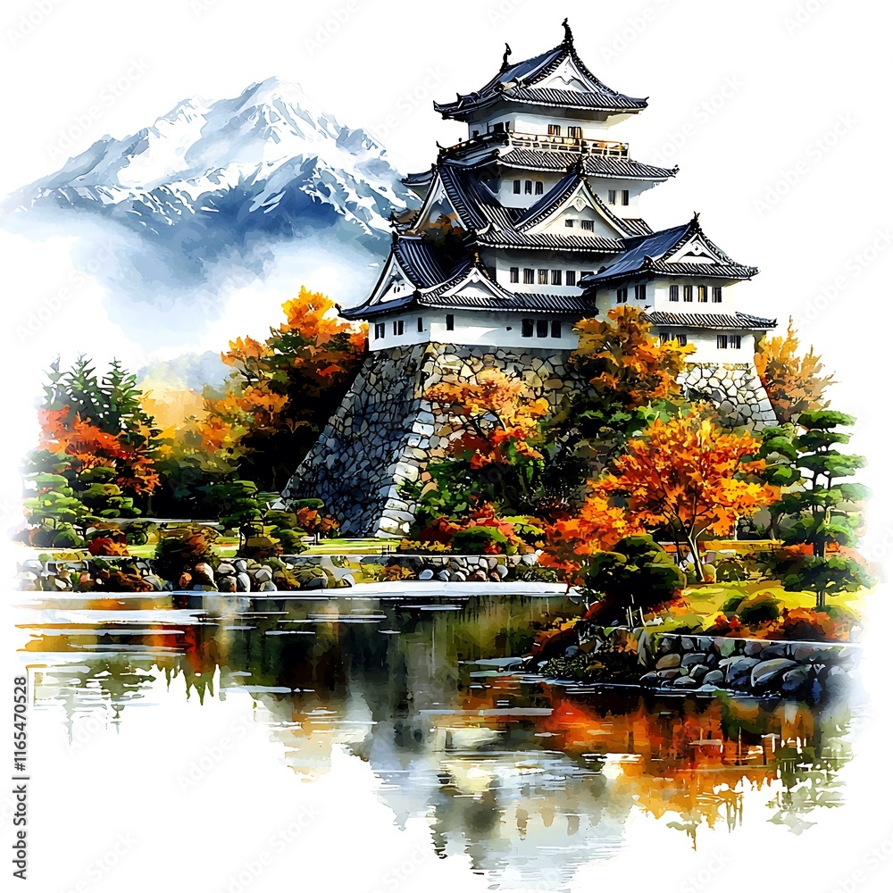 Obraz premium Serene Autumnal Landscape Japanese Castle Reflected in Calm Waters with Majestic Mountains.