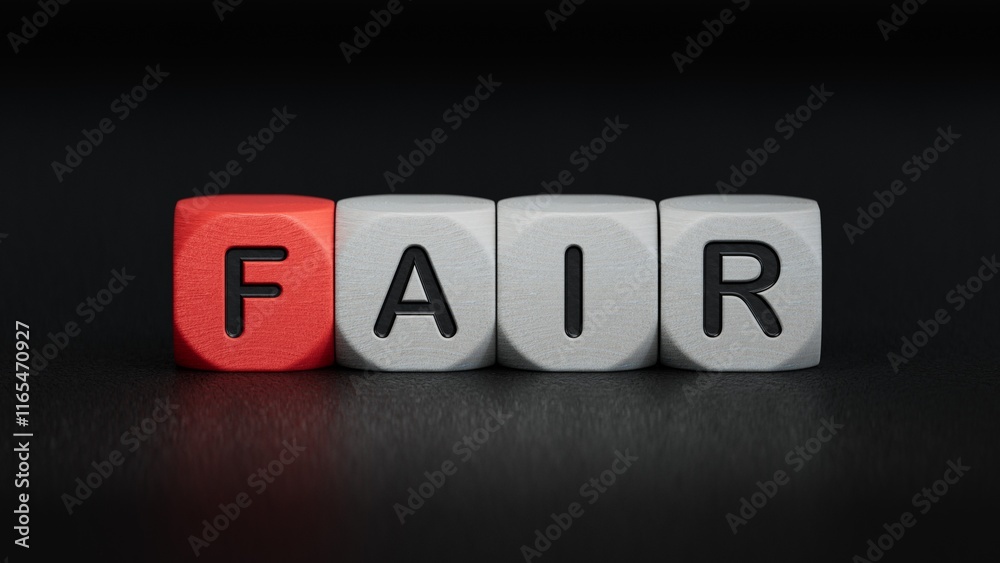 wooden cube block with FAIR business word. Mission, Vision and core values concept.close up of wooden elements,Business Concept.3D rendering on black background.