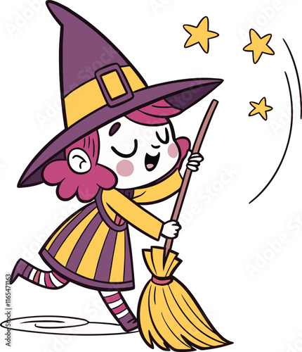 Happy Little Witch: A cheerful cartoon witch with pink hair, a yellow and purple striped dress