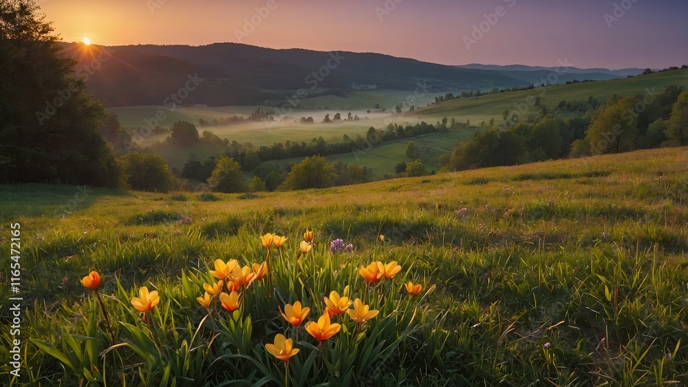 Fototapeta premium Colorful_spring_sunrise_on_meadow