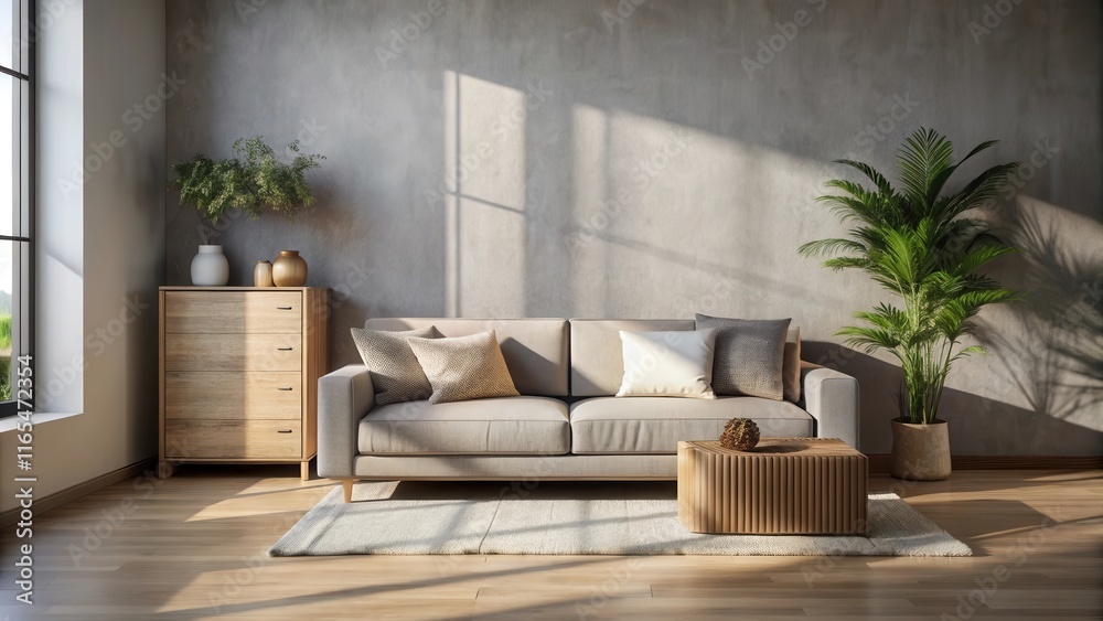 Obraz premium A Minimalist Living Room with a Grey Sofa and Natural Light Filtering Through the Window