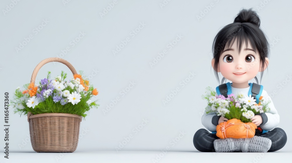A cheerful child surrounded by flower baskets, celebrating nature. A cheerful child surrounded by flower baskets, celebrating nature.
