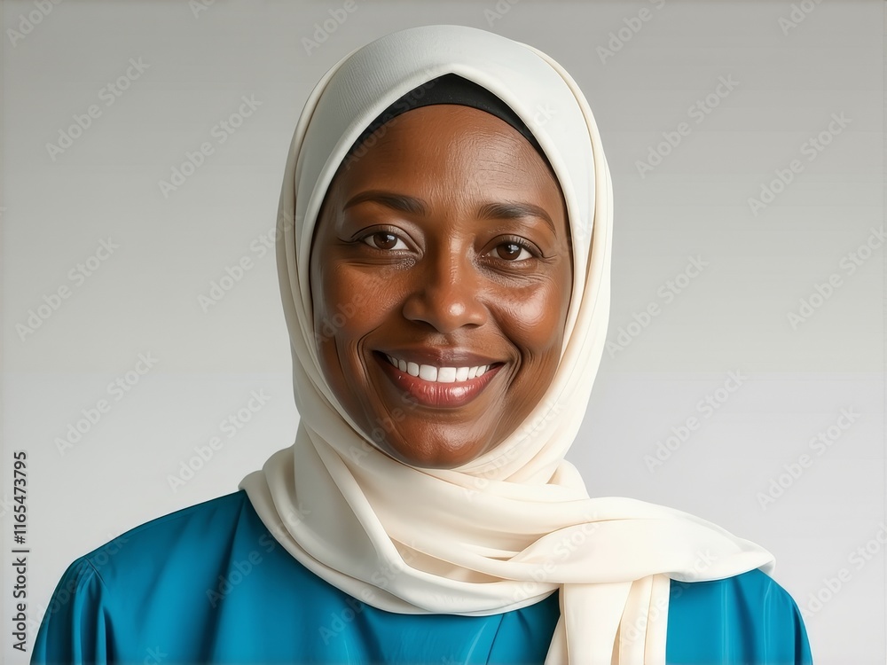 Woman wearing a hijab smiles warmly against a neutral background in a casual setting