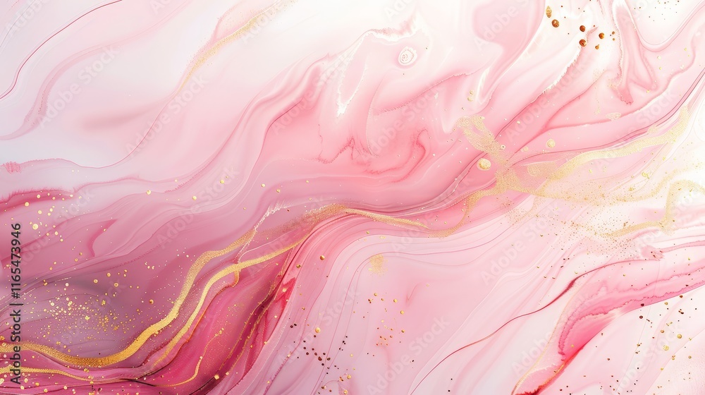Pink and gold alcohol ink flowing and mixing together creating abstract fluid art with golden glitter, perfect for wallpaper