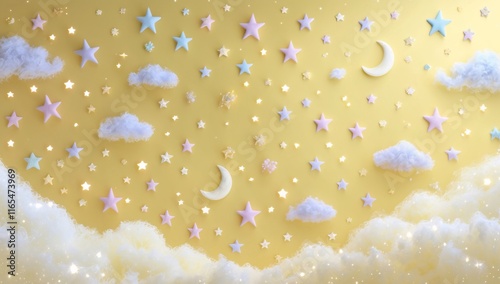 Serene nighttime panorama filled with pastel stars and moons, creating a magical atmosphere above fluffy clouds and a glowing golden background photo