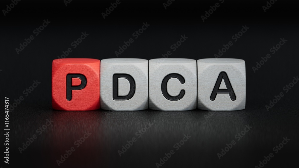 wooden cube block with PDCA business word.close up of wooden elements,Business Concept.3D rendering on black background. wooden cube block with PDCA business word.close up of wooden elements,Business Concept.3D rendering on black background.