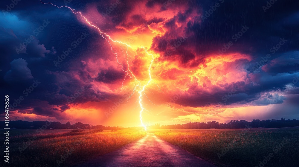 Obraz premium Fiery sunset with lightning striking road.
