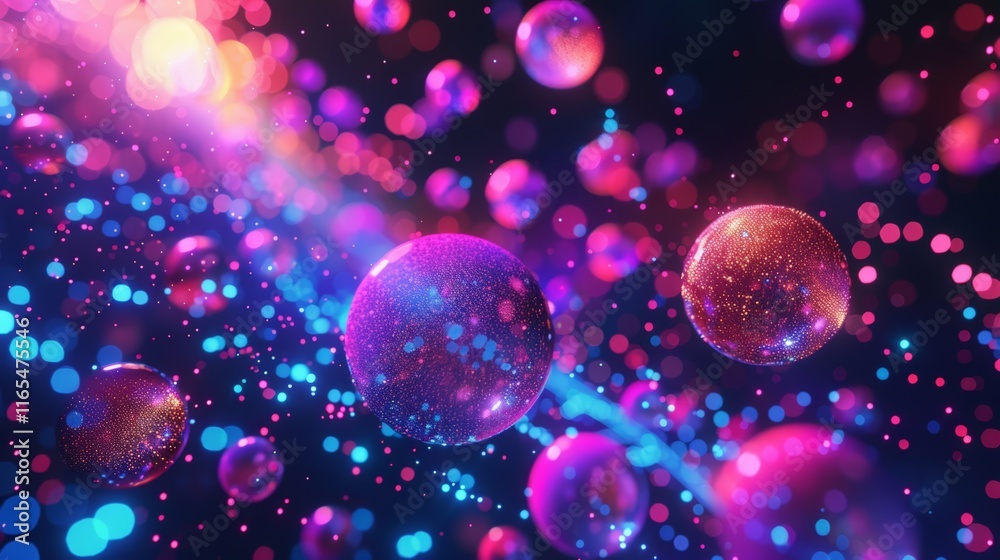 Colorful spheres with intricate patterns glow and float amidst a vibrant, abstract space, creating a captivating visual experience Colorful spheres with intricate patterns glow and float amidst a vibrant, abstract space, creating a captivating visual experience