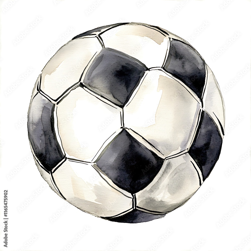 Naklejka premium Watercolor painting of a classic black and white soccer ball, isolated on a white background.