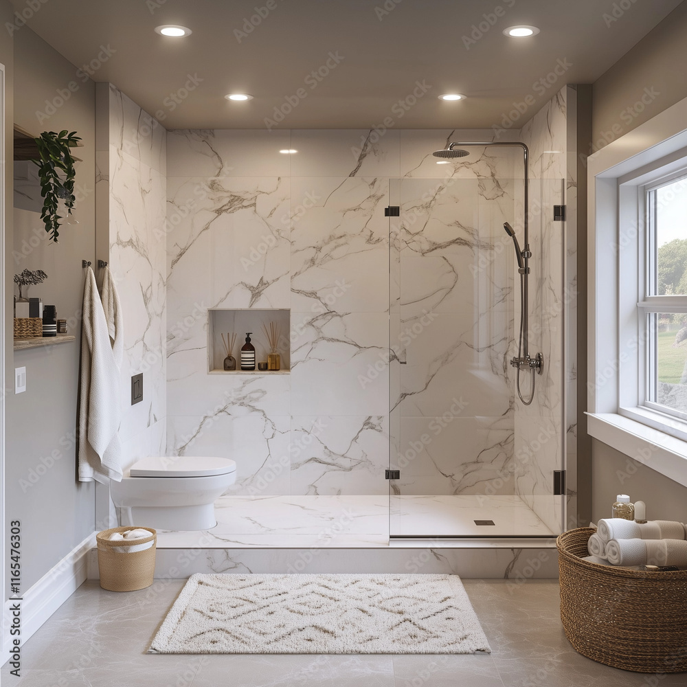 A 3D rendering of a luxury bathroom featuring marble walls, a frameless glass shower, and soft recessed lighting creating a spa-like ambiance.