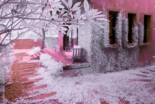 Infrared photography, a garden or yard scene with a pathway leading up to a building photo