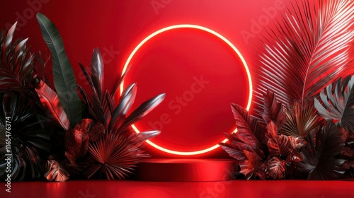 Crimson Tropical Paradise: Neon Glow on Red Leaves photo