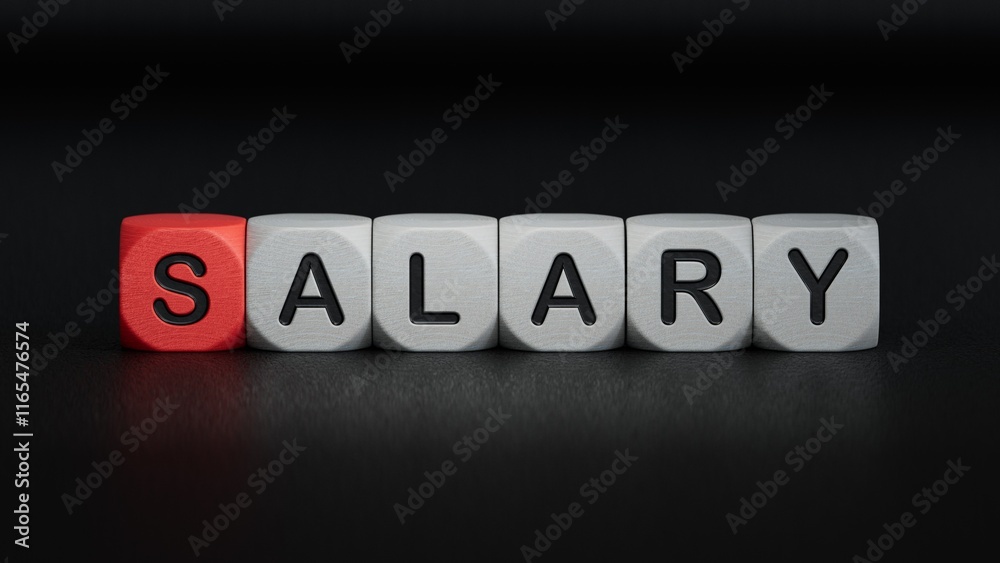 Obraz premium wooden cube block with salary business word.close up of wooden elements,Business Concept.3D rendering on black background.