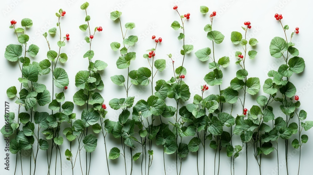 Fototapeta premium Green leaves and red berries arranged aesthetically.