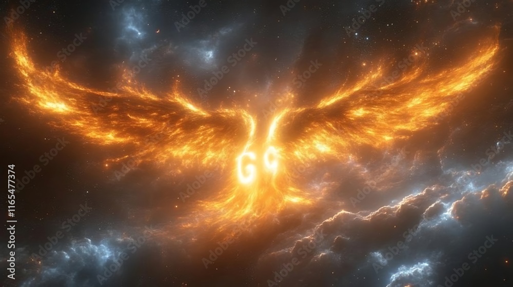Obraz premium Fiery Phoenix Soaring Through Cosmic Nebulae