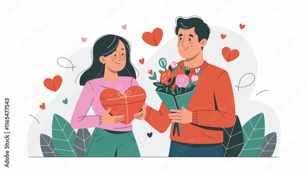 Fototapeta premium A couple exchanging gifts on Valentine's Day. The woman holds a heart-shaped gift box, and the man presents her with a bouquet of flowers.