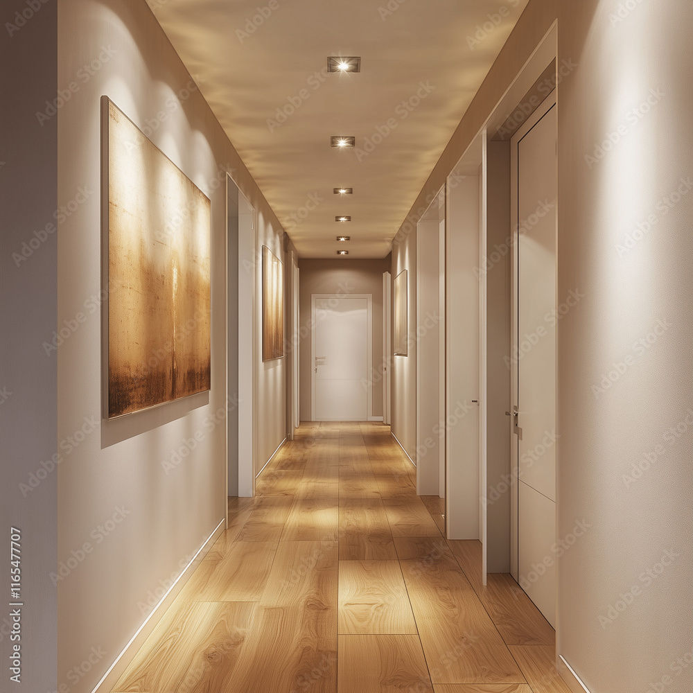 A 3D rendering of a modern hallway with smooth beige walls, recessed lighting, and a polished wooden floor.