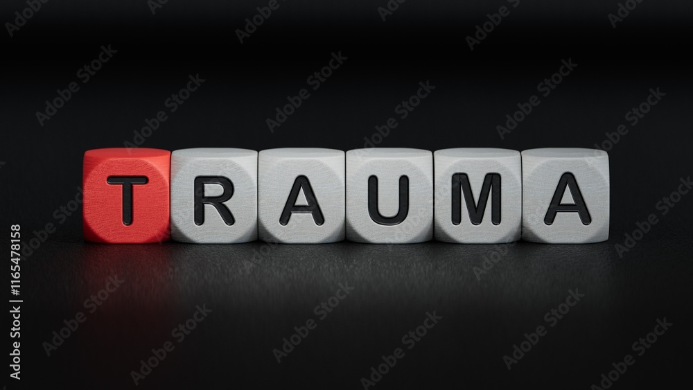 wooden cube block with TRAUMA business word.close up of wooden elements,Business Concept.3D rendering on black background. wooden cube block with TRAUMA business word.close up of wooden elements,Business Concept.3D rendering on black background.