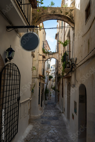 Fototapeta Naklejka Na Ścianę i Meble -  White old houses and narrow streets in medieval small touristic coastal town Sperlonga, Latina, vacation in Italy