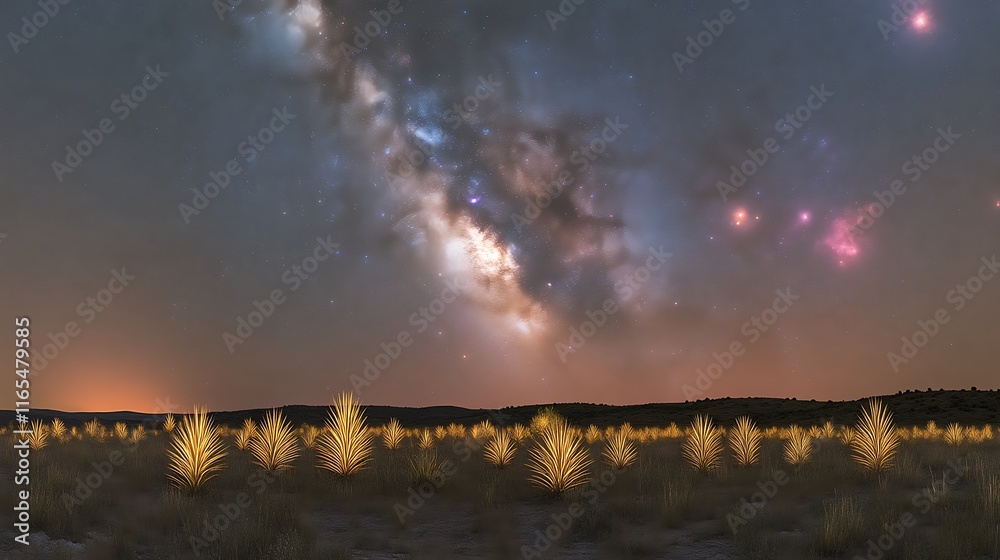Obraz premium Illuminated desert plants under a majestic milky way