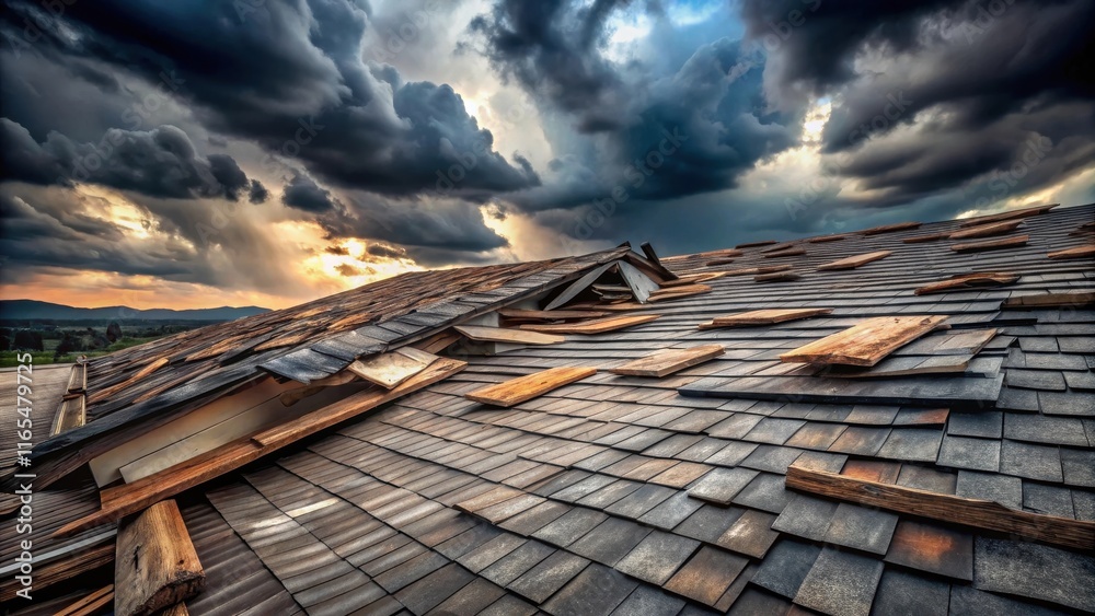 A weathered roof with missing shingles reveals the stormy sky above, offering a glimpse of sunlight piercing through the dark clouds A weathered roof with missing shingles reveals the stormy sky above, offering a glimpse of sunlight piercing through the dark clouds