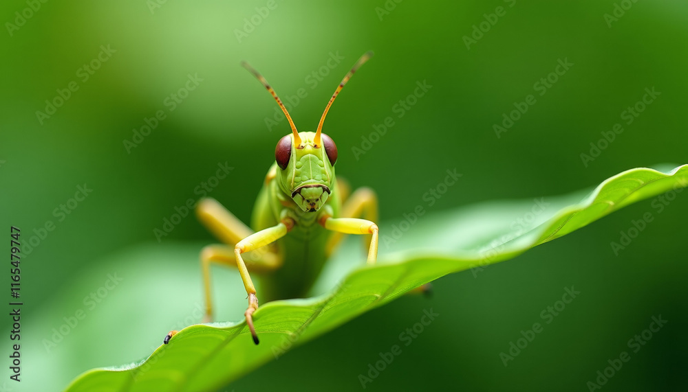 Closeup of a Vibrant Green Grasshopper on a Leaf Closeup of a Vibrant Green Grasshopper on a Leaf