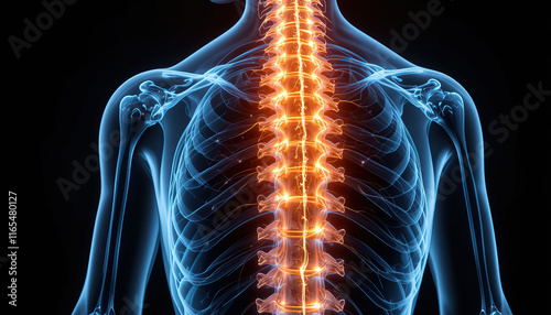 3d illustration of human spine and vertebral column with glowing red light for medical and health presentations
 photo