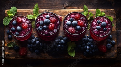 Four glasses of vibrant berry cocktails, garnished with mint, on a rustic wooden board. Surrounded by fresh berries and grapes. Artistic chicha morada photo