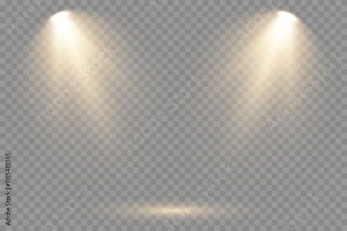 Bright white lighting with spotlights. Vector spotlights with bright white light to illuminate the stage. Spotlight with bright white light. Spotlight isolated on transparent background, vector.