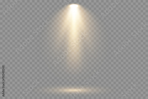 Bright white lighting with spotlights. Vector spotlights with bright white light to illuminate the stage. Spotlight with bright white light. Spotlight isolated on transparent background, vector.
