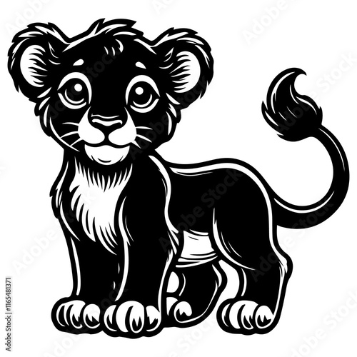 Black and White Baby Lion Silhouette Vector – Cute Wild Animal Illustration photo