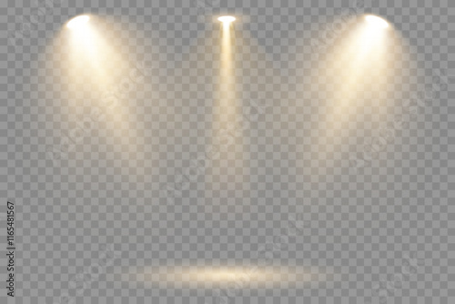 Collection of Bright White Stage Lighting and Spotlights: Projector Light Effects and Scene Illumination Isolated on Transparent Background. Ideal for Studio, Concert, Web, and Vector Design Projects